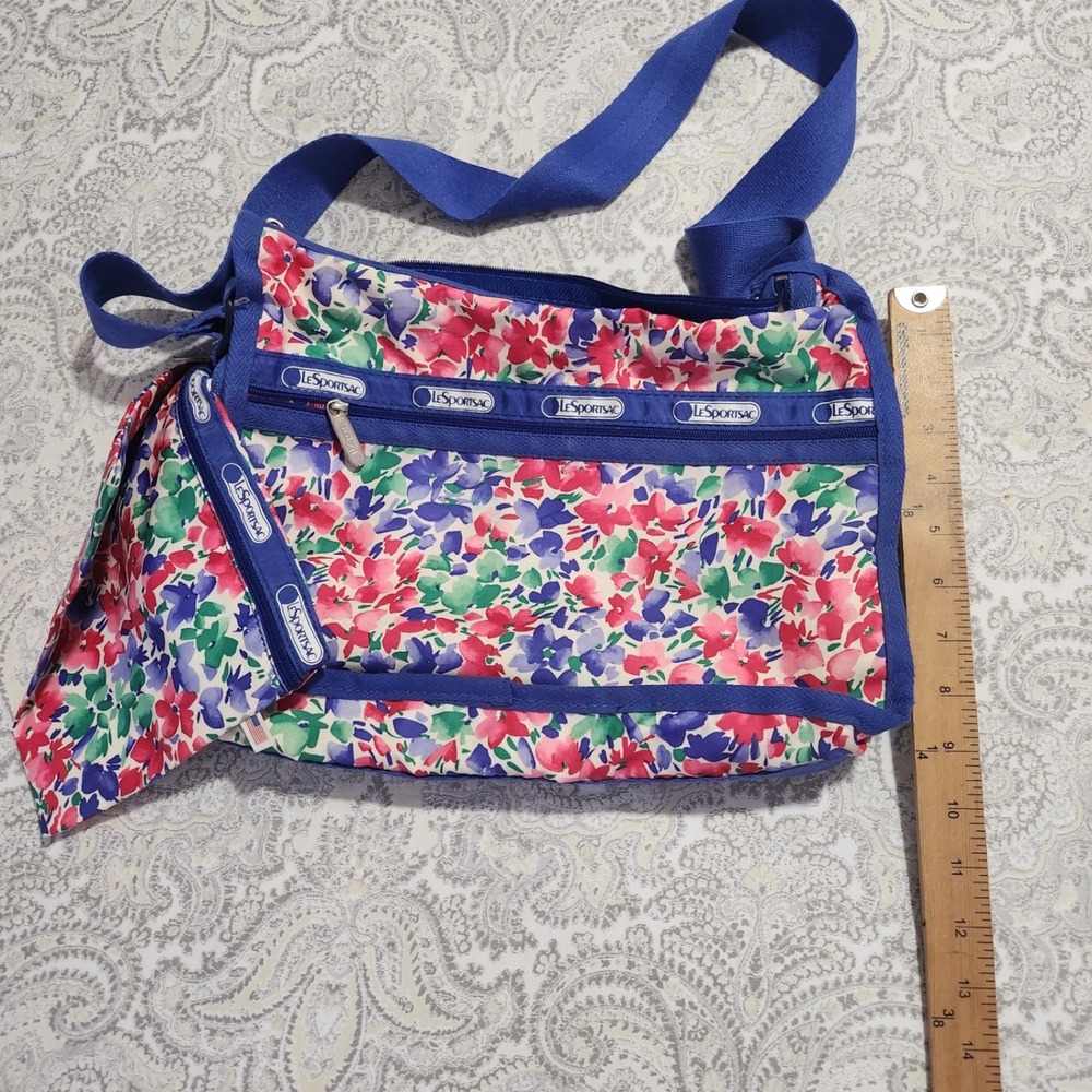 LeSportsac Deluxe Everyday Bag Floral Crossbody Blue Trim USA Made with Pouch